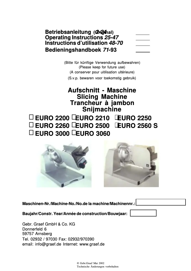 Page 1 de la notice Manuel utilisateur Graef Euro 2500