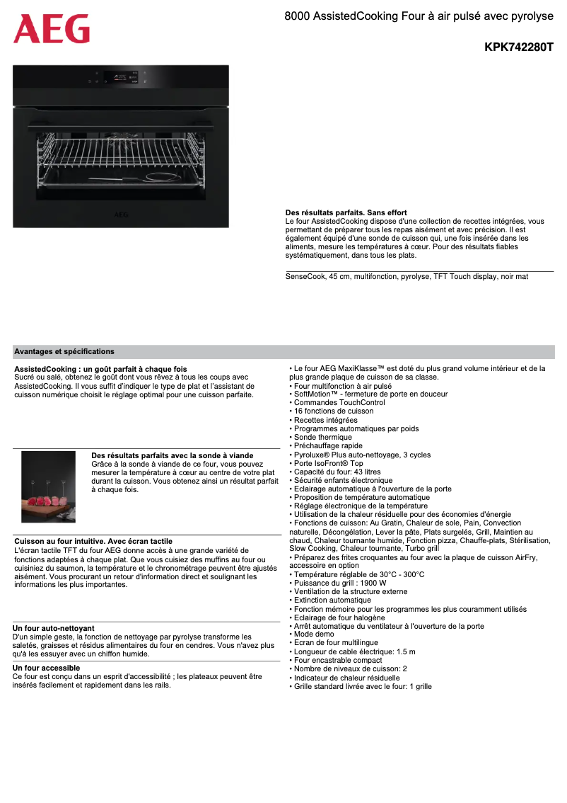 Page 1 de la notice Fiche technique AEG KPK742280T