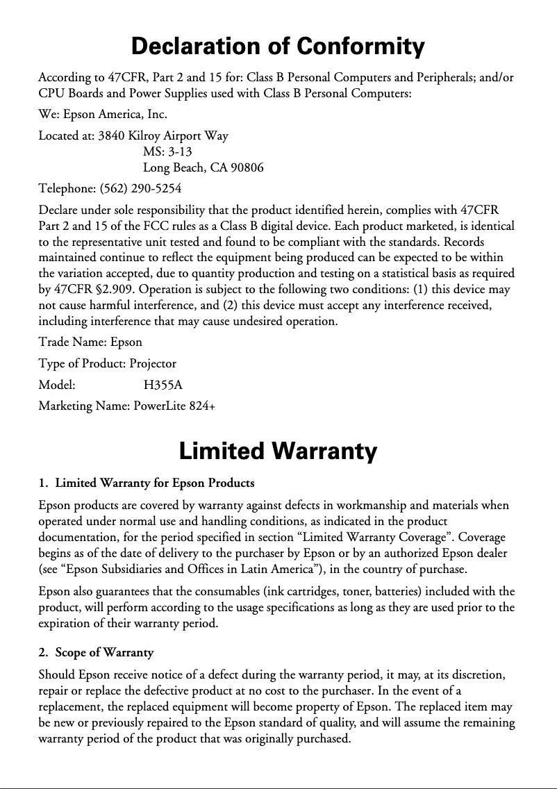 Página 1 del manual Información de garantía Epson Powerlite 824+