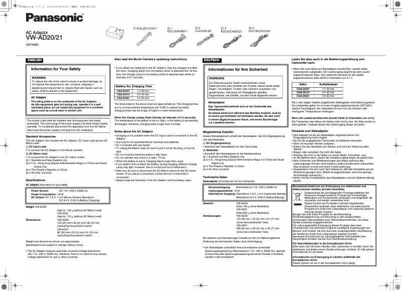 Page 1 de la notice Manuel utilisateur Panasonic VW-AD21