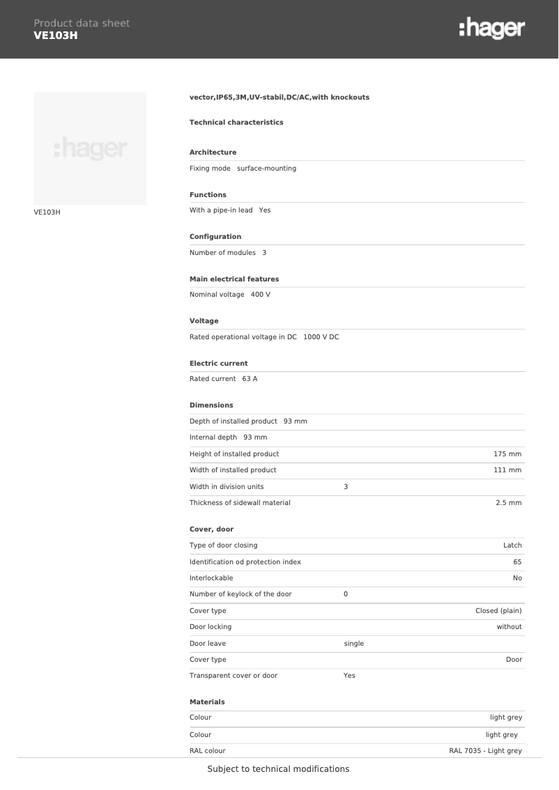 Página 1 del manual Ficha técnica Hager VE103H