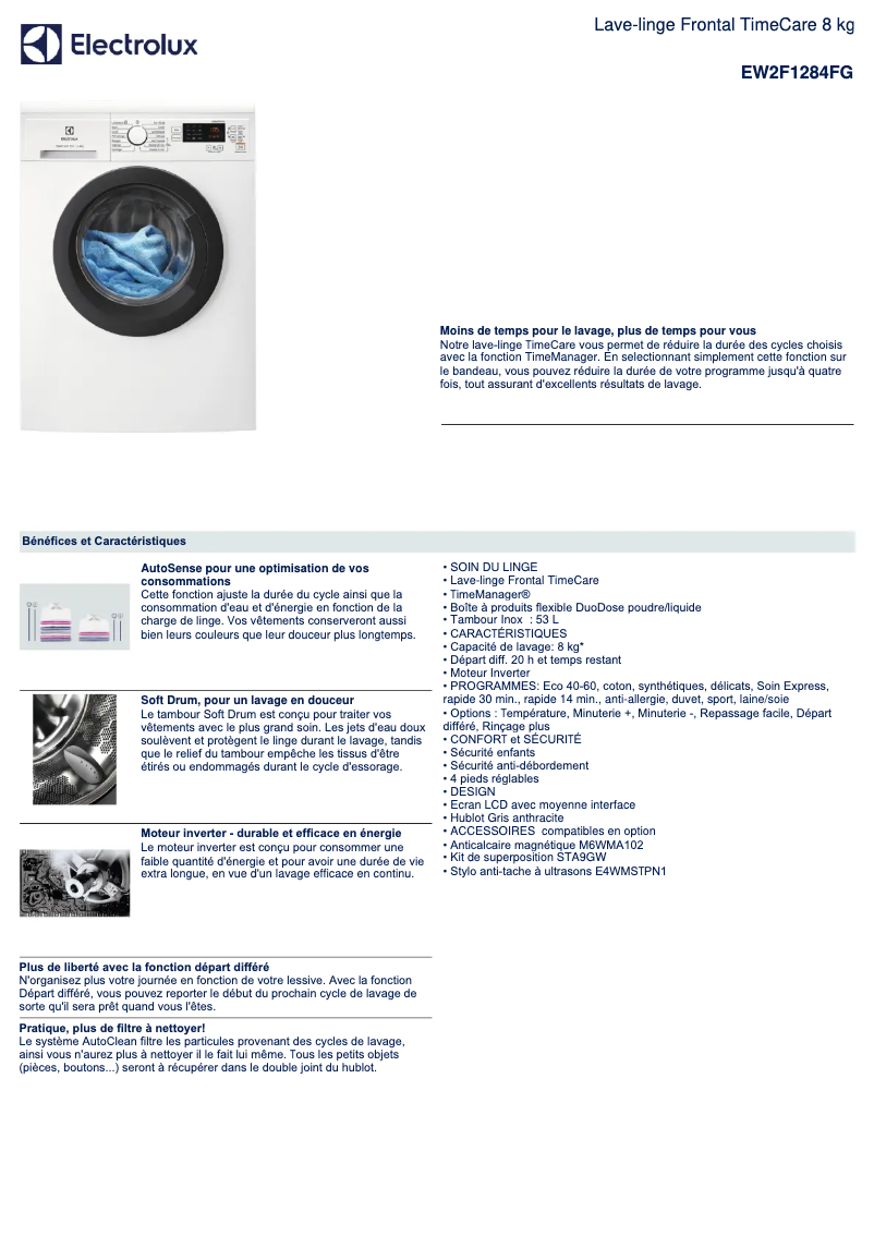 Page 1 de la notice Fiche technique Electrolux EW2F1284FG
