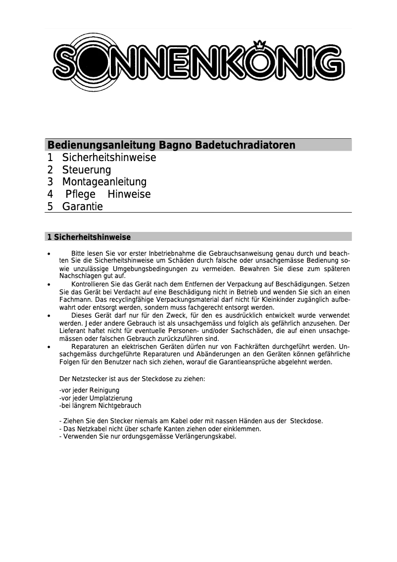 Page 1 de la notice Manuel utilisateur Sonnenkönig Bagno Nika 1
