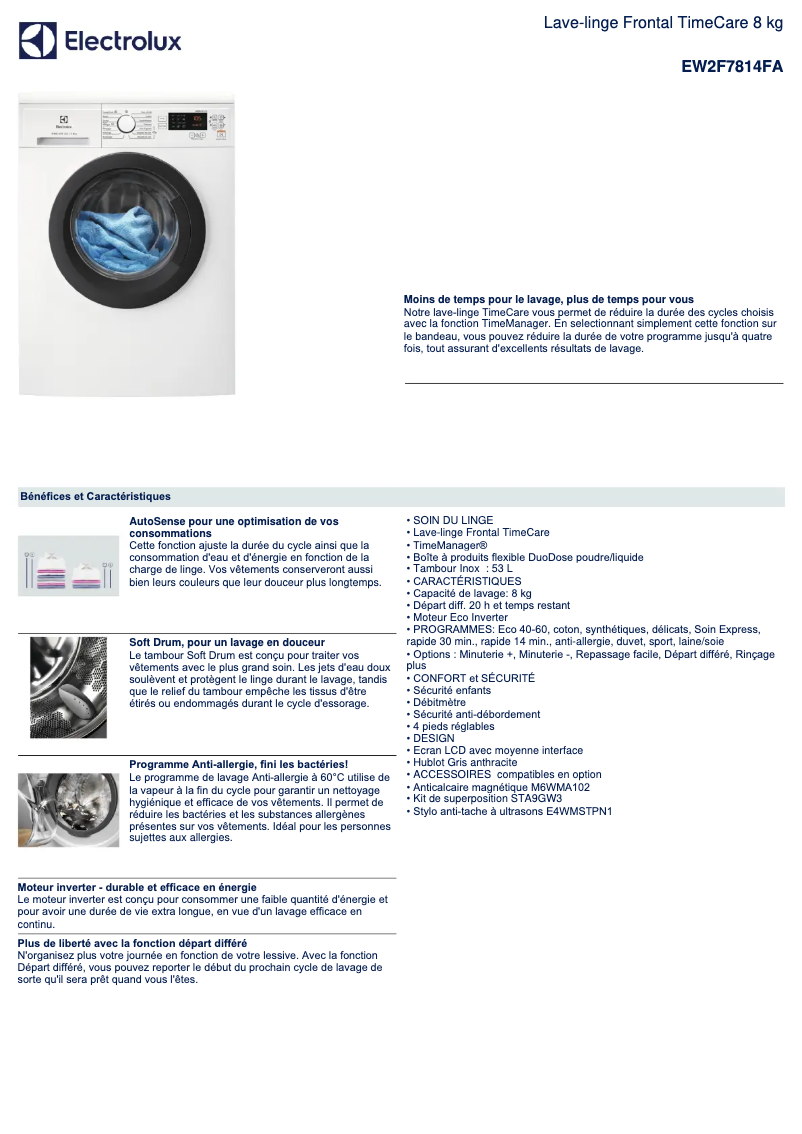 Page 1 de la notice Fiche technique Electrolux EW2F7814FA