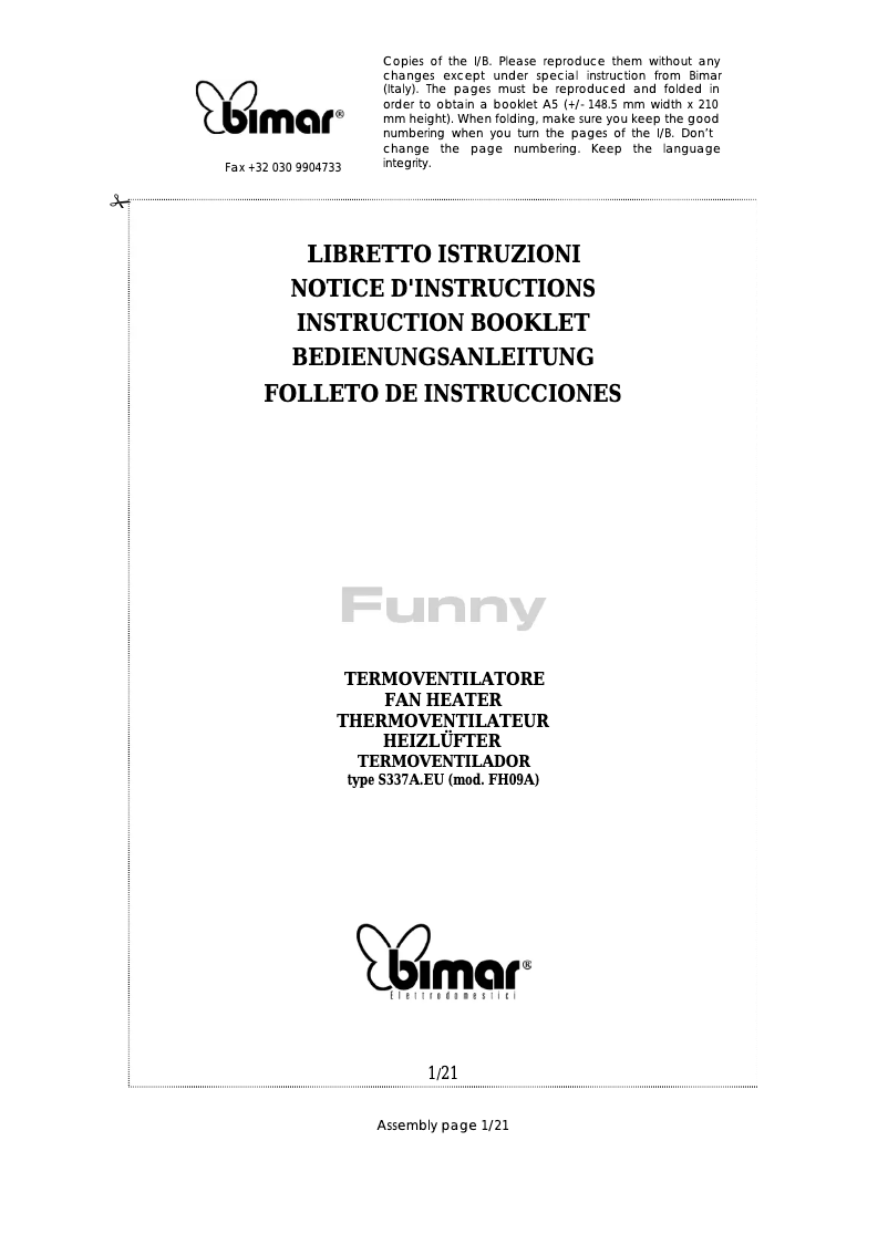 Page 1 de la notice Manuel utilisateur Bimar S337A.EU