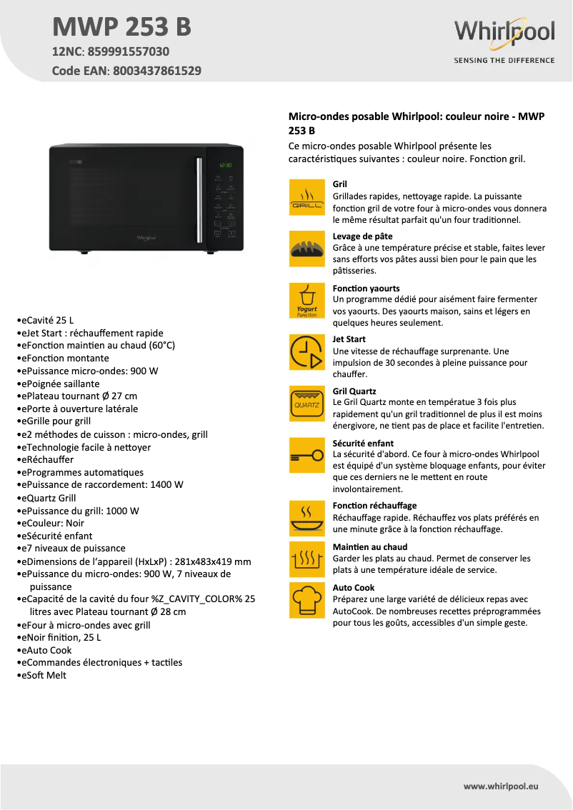 Página 1 del manual Ficha técnica Whirlpool MWP 253 B