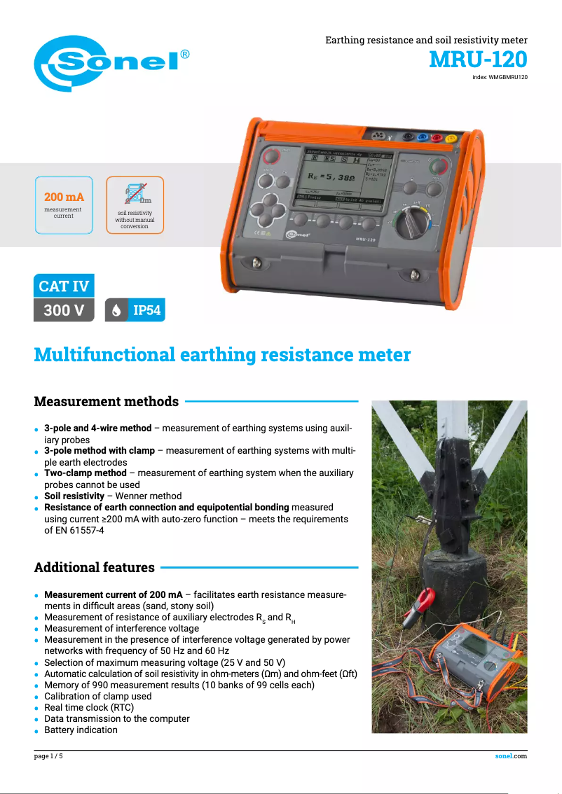 Page 1 de la notice Fiche technique Sonel MRU-120