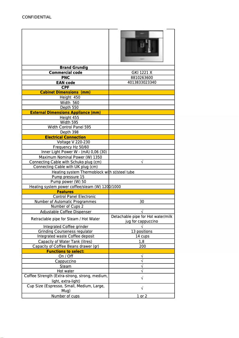 Page 1 de la notice Fiche technique Grundig GKI1221X