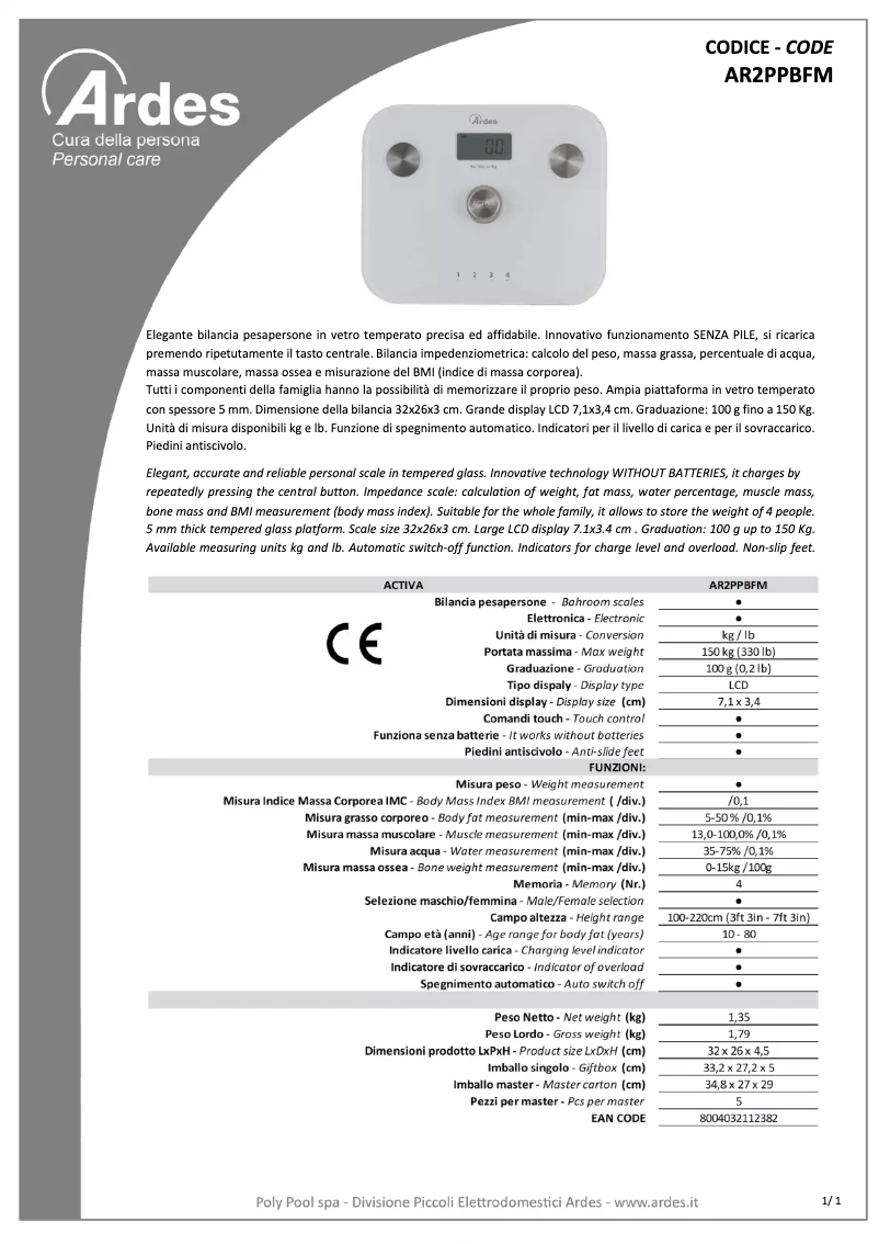 Page 1 de la notice Fiche technique Ardes AR2PPBFM