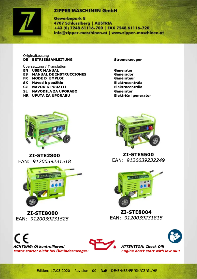 Page 1 de la notice Manuel utilisateur Zipper ZI-STE8004