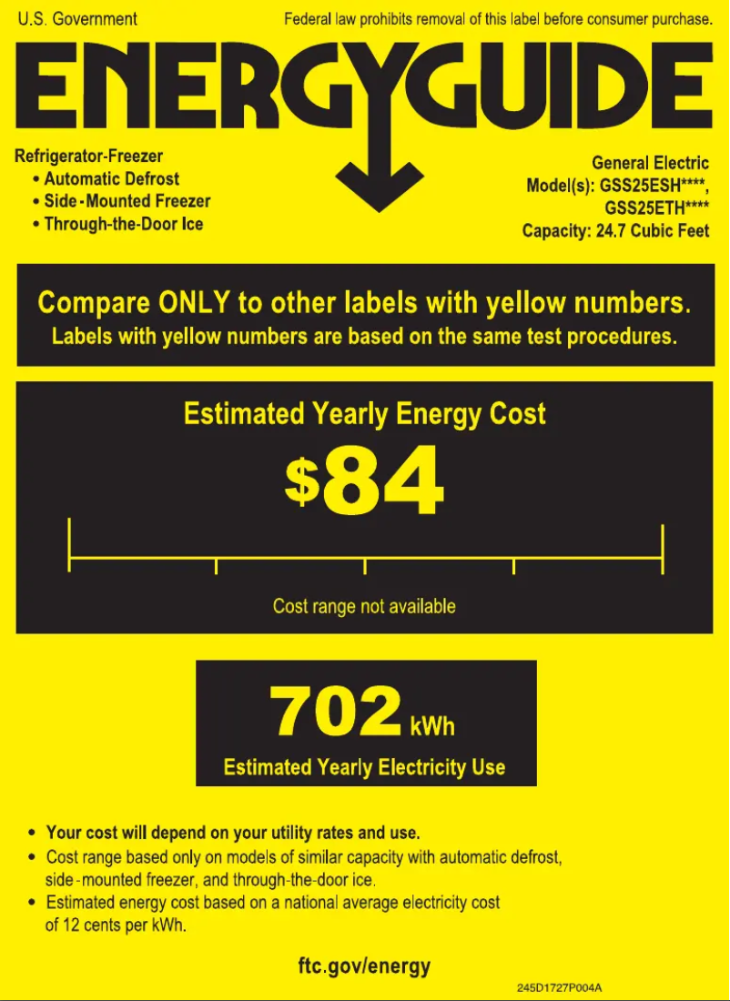 Page 1 de la notice Label énergétique GE GSS25ETHWW