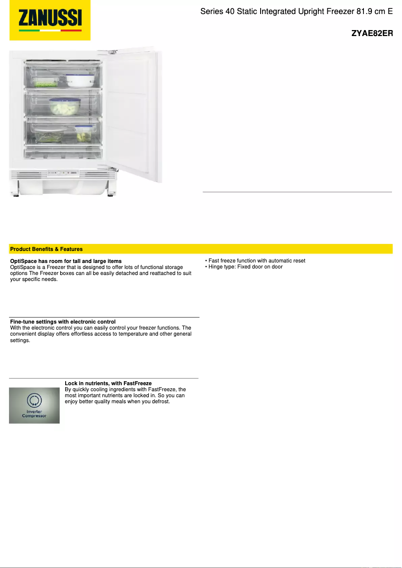 Page 1 de la notice Fiche technique Zanussi ZYAE82ER