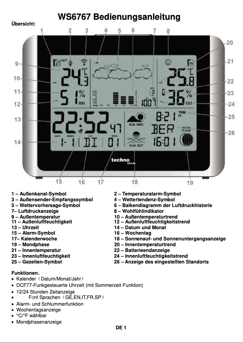 Page 1 de la notice Manuel utilisateur Techno Line WS 6767