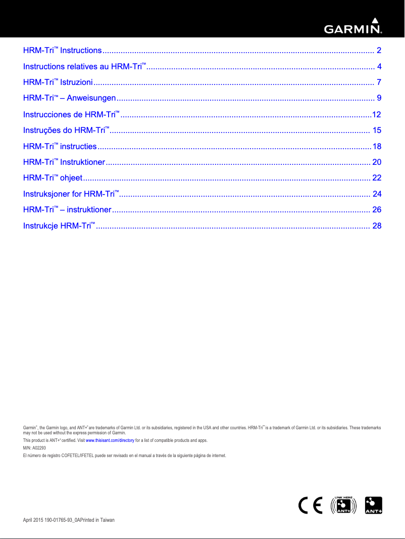 Page 1 of the manual User Manual Garmin HRM-Tri