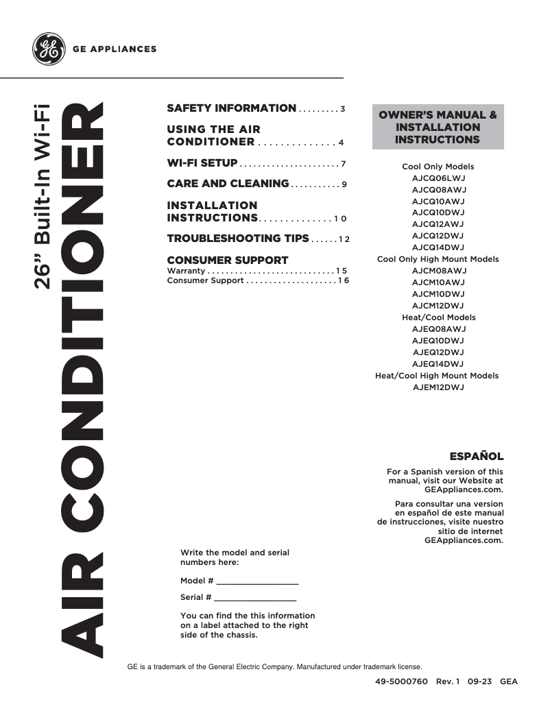 Page 1 de la notice Guide d'installation GE AJCM08AWJ