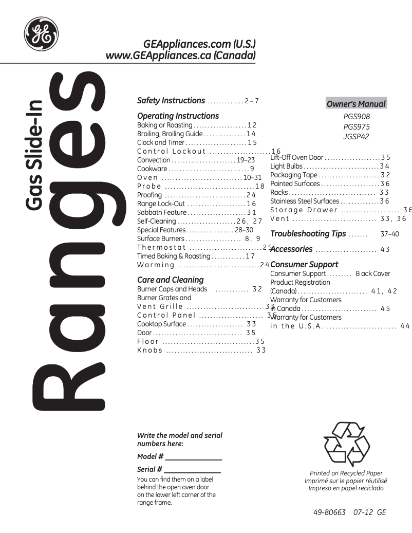 Page 1 of the manual Use and Maintenance Manual GE Profile PGS975DEPBB
