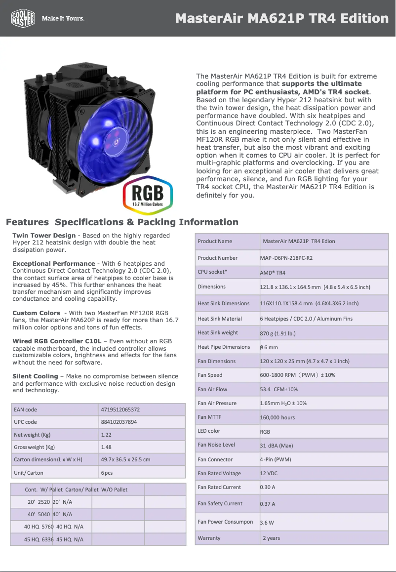 Page 1 de la notice Fiche technique Cooler Master MasterAir MA621P