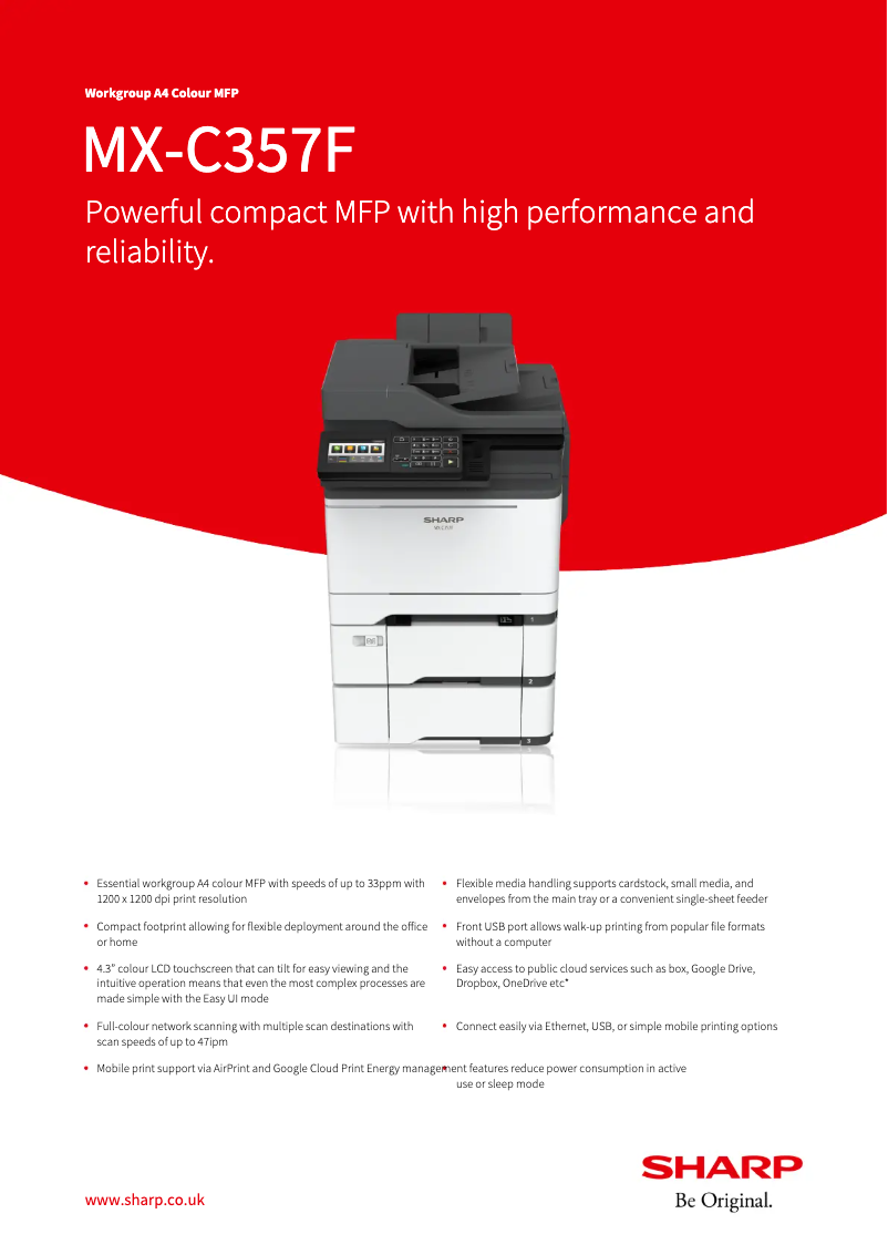 Page 1 de la notice Fiche technique Sharp MX-C357F