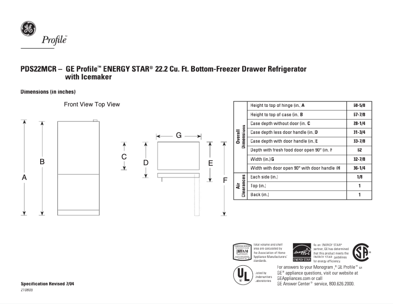 Page 1 of the manual Technical Sheet GE Profile PDS22MCRWW