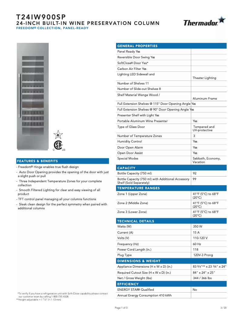 Page 1 de la notice Fiche technique Thermador T24IW900SP