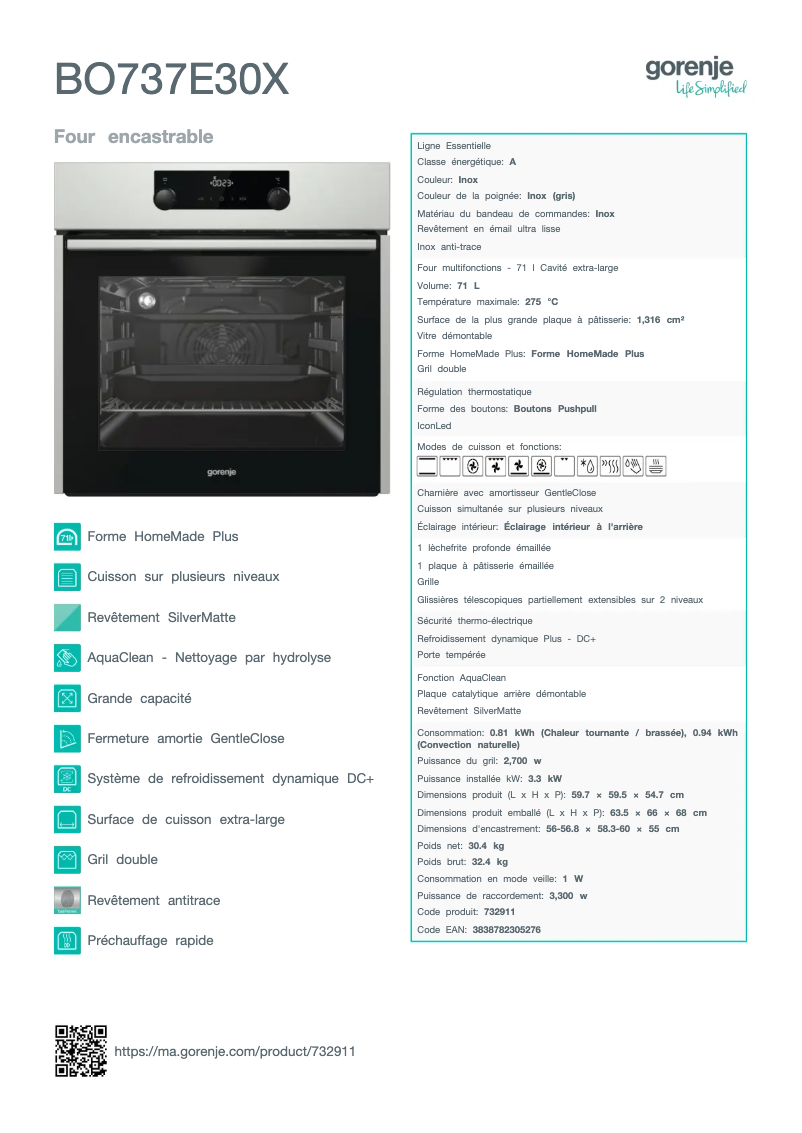 Página 1 del manual Ficha técnica Gorenje BO737E30X