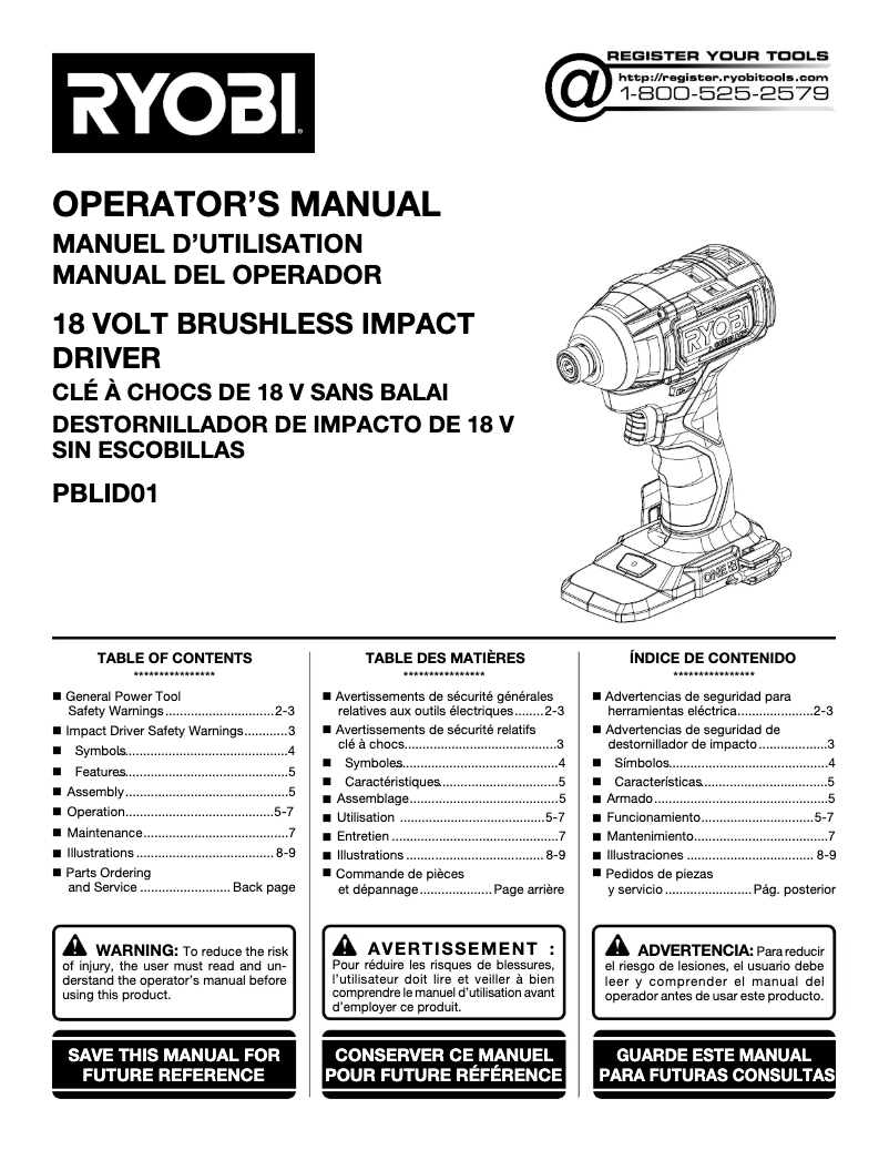 Page 1 of the manual User Manual RYOBI One+ PBLID01