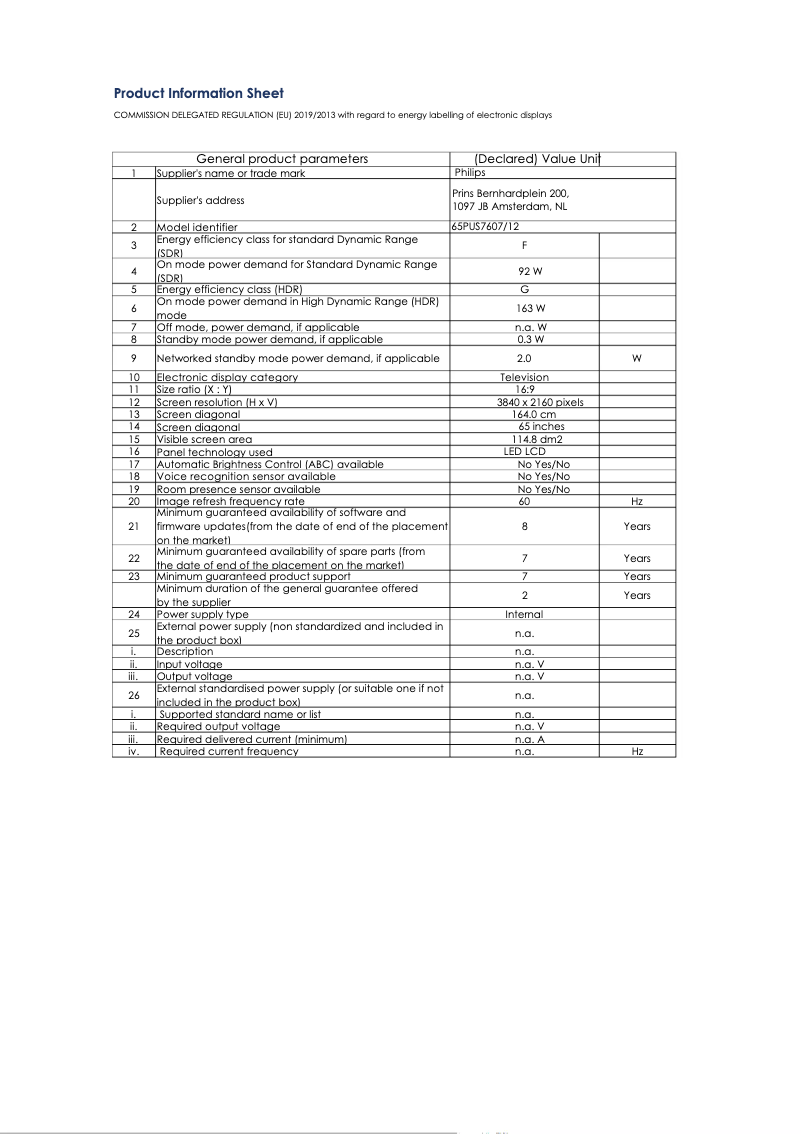 Page 1 de la notice Fiche technique Philips 65PUS7607