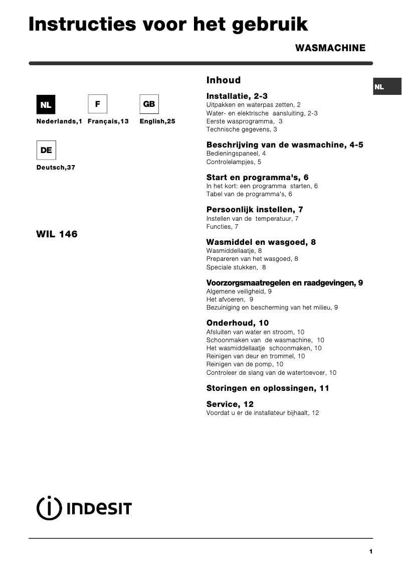 Página 1 del manual Manual de usuario Indesit WIL 146 (NL) (TE)