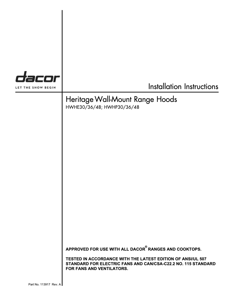 Page 1 de la notice Guide d'installation Dacor HWHE4812S