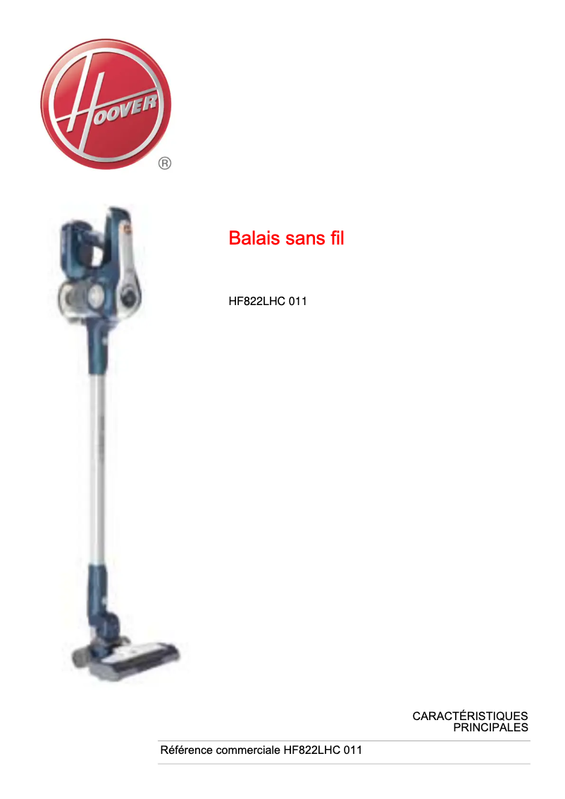 Page 1 de la notice Fiche technique Hoover H-FREE 800 Lite HF822LHC 011