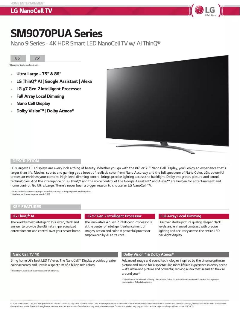 Page 1 de la notice Fiche technique LG 75SM9070PUA
