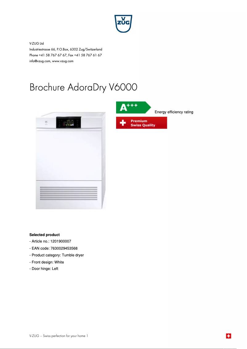 Page 1 de la notice Brochure V-Zug AdoraDry V6000