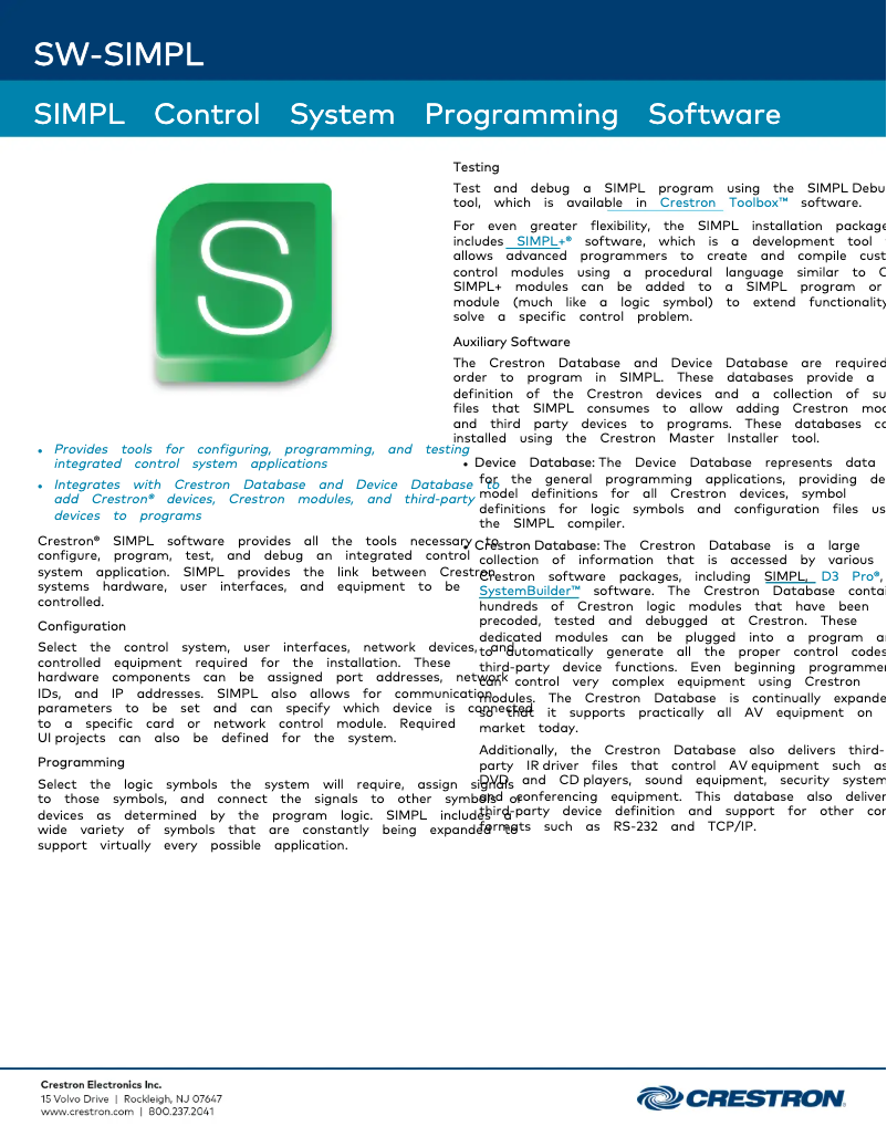 Page 1 de la notice Fiche technique Crestron SIMPL