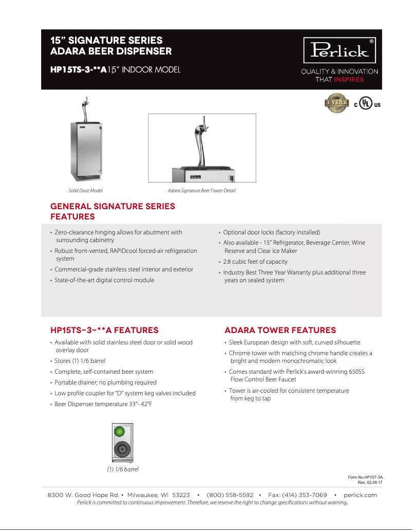 Page 1 de la notice Fiche technique Perlick Signature Series HP15TS-3-1LA
