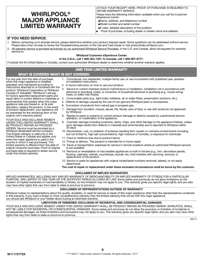 Página 1 del manual Información de garantía JennAir UDT518SAHP