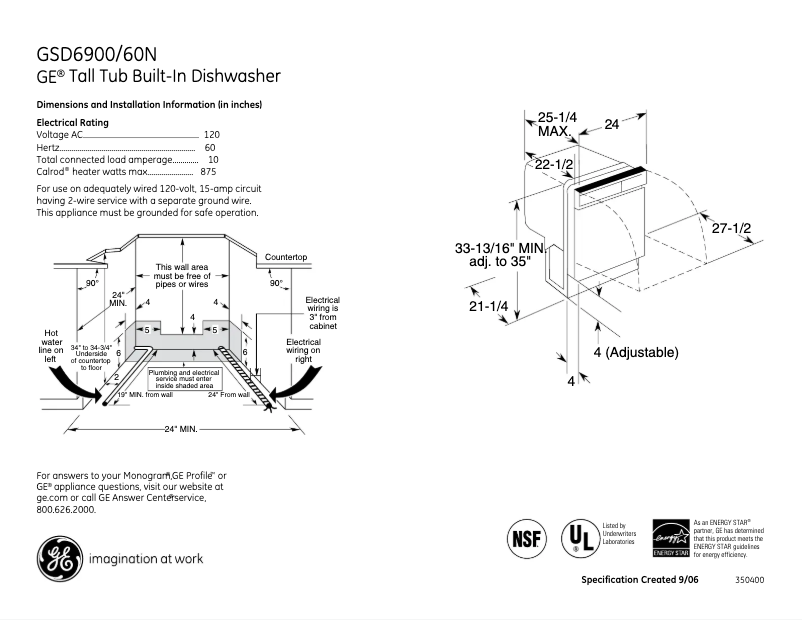 Page 1 of the manual Technical Sheet GE GSD6900NWW