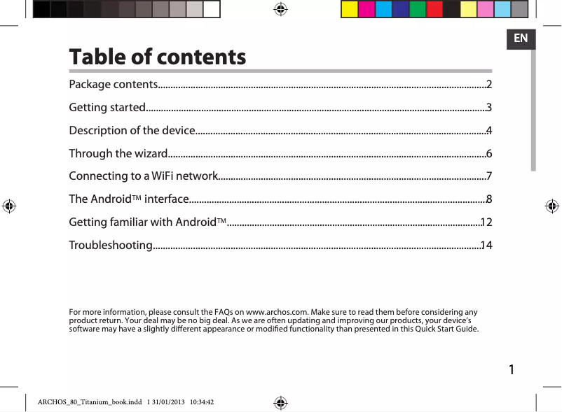 Page 1 of the manual User Manual Archos Elements 80