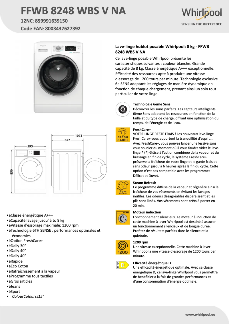 Página 1 del manual Ficha técnica Whirlpool FFWB 8248 WBS V NA