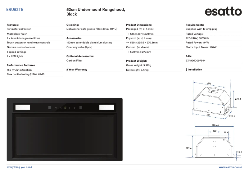 Página 1 del manual Ficha técnica Esatto ERU52TB