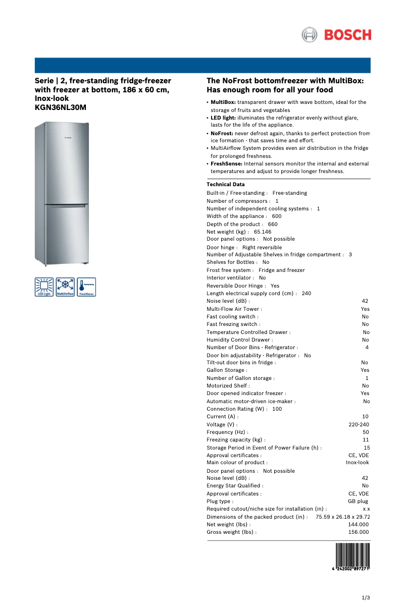 Page 1 de la notice Fiche technique Bosch KGN36NL30M