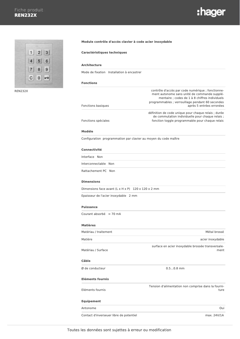 Page 1 de la notice Fiche technique Hager REN232X