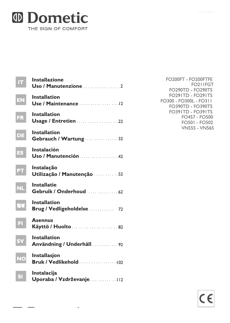 Page 1 de la notice Manuel utilisateur Dometic FO200FTFE