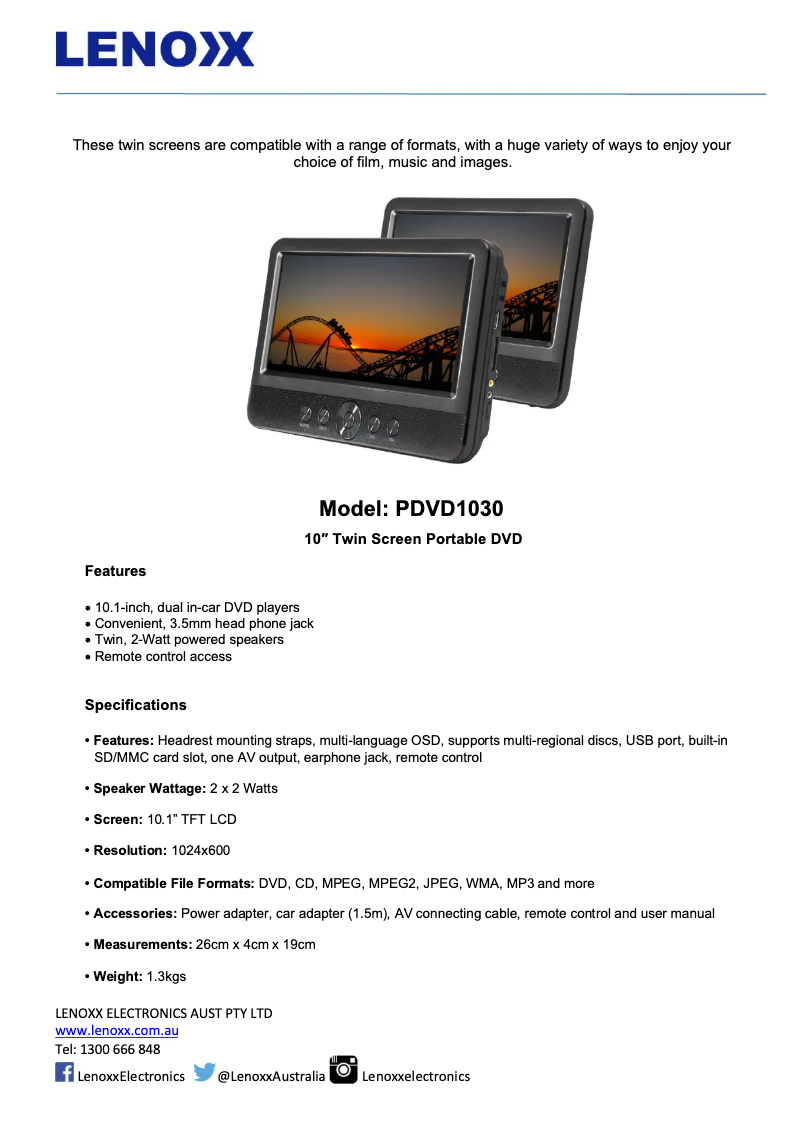 Page 1 de la notice Fiche technique Lenoxx PDVD1030