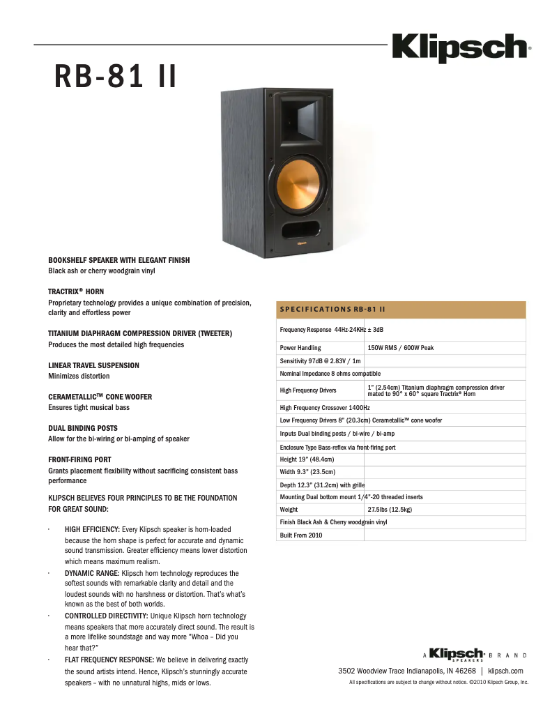 Page 1 de la notice Fiche technique Klipsch RB-81 II