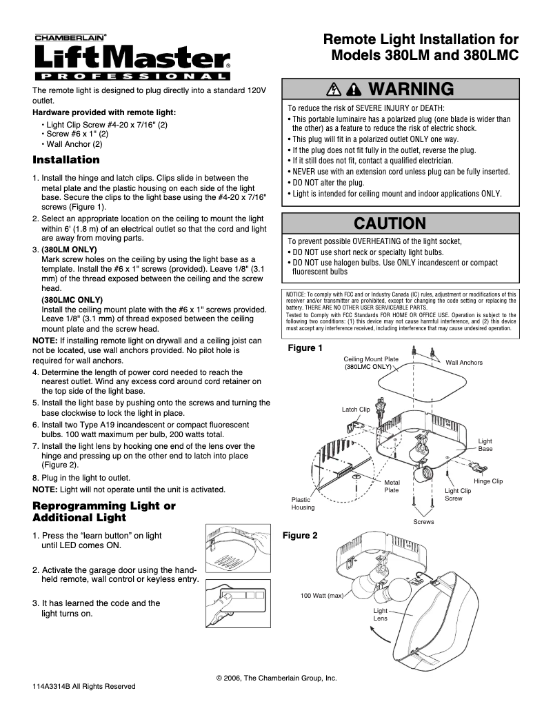 Page 1 de la notice Manuel utilisateur LiftMaster 380LMC