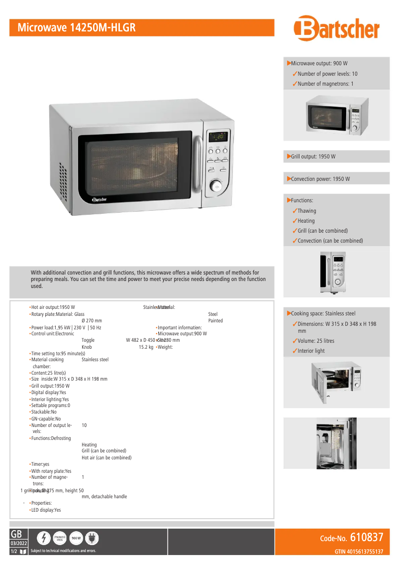 Página 1 del manual Ficha técnica Bartscher 14250M-HLGR
