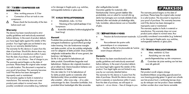 Page 1 de la notice Manuel utilisateur Parkside HG03176A