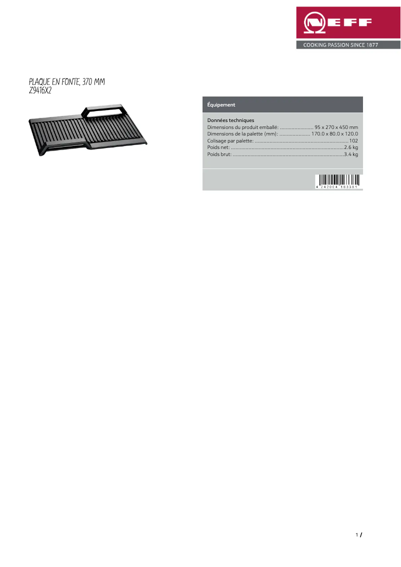 Page 1 de la notice Fiche technique Neff Z9416X2