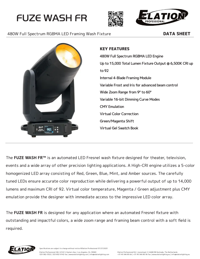 Page 1 de la notice Fiche technique Elation Fuze Wash FR