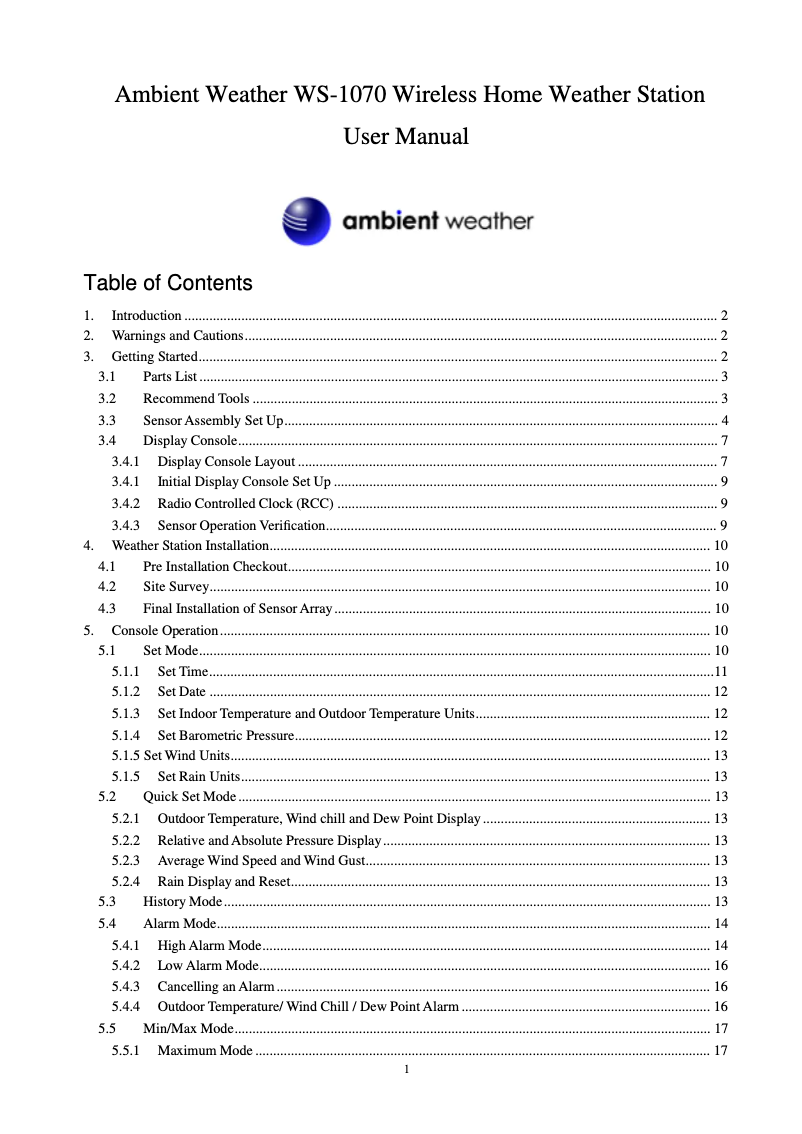 Page 1 de la notice Manuel utilisateur Ambient Weather WS-1070